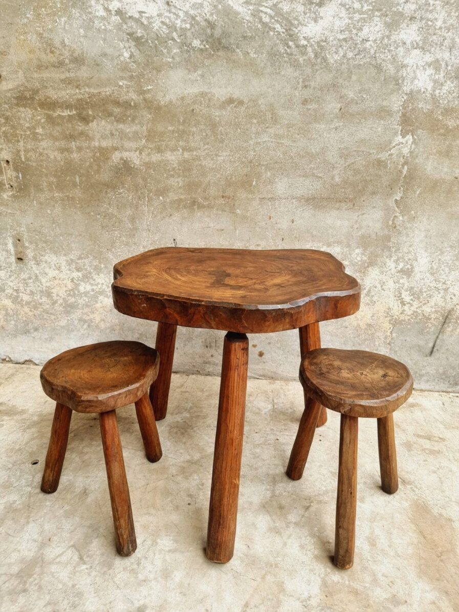 Vintage brutalist table and 2 stools 60s